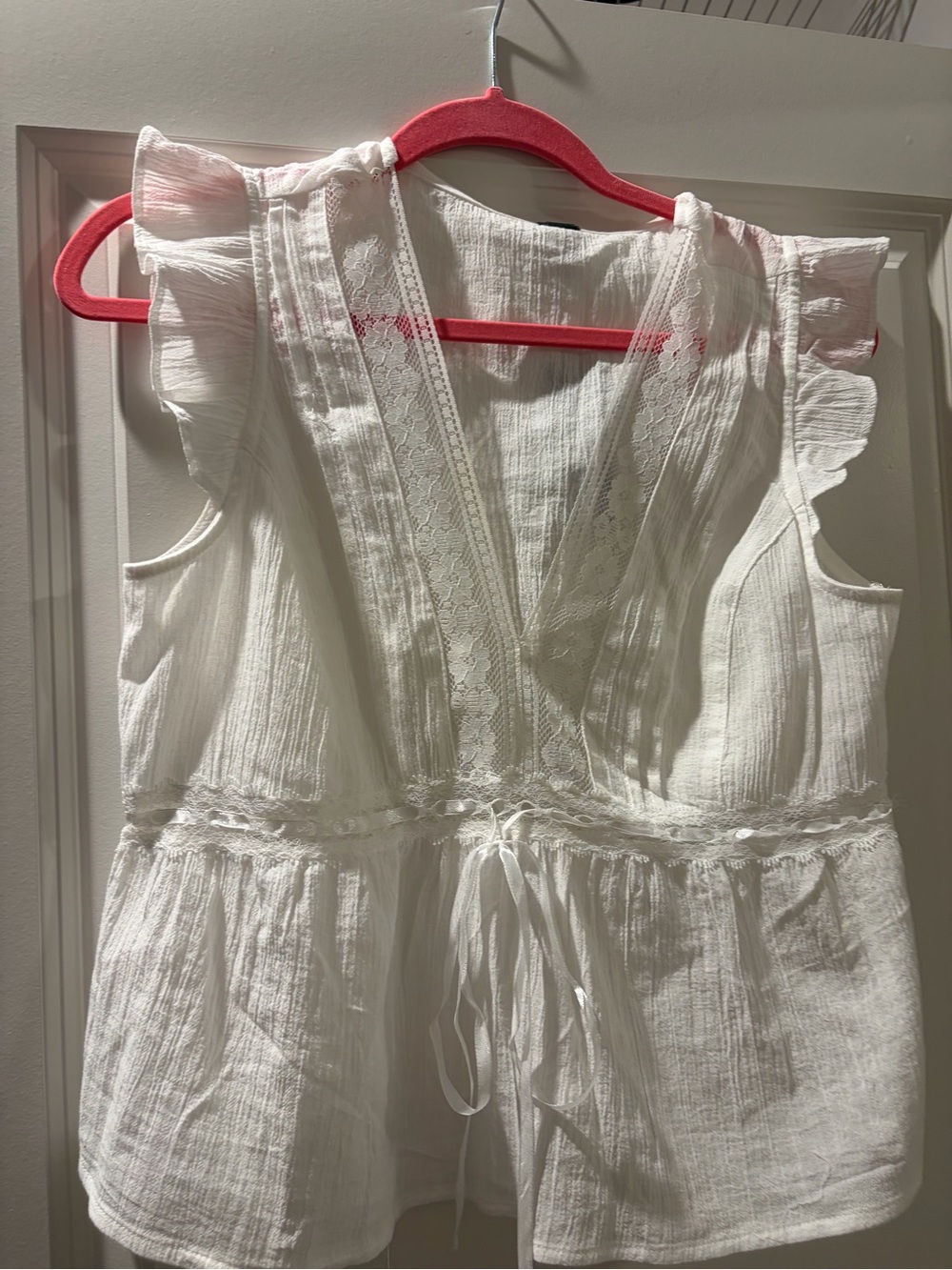 NWT White Flutter-Sleeve top with Lace Trim
